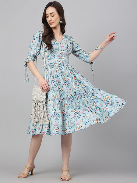 Janasya Women's Blue Crepe Digital Printed Flared Western Dress - Distacart