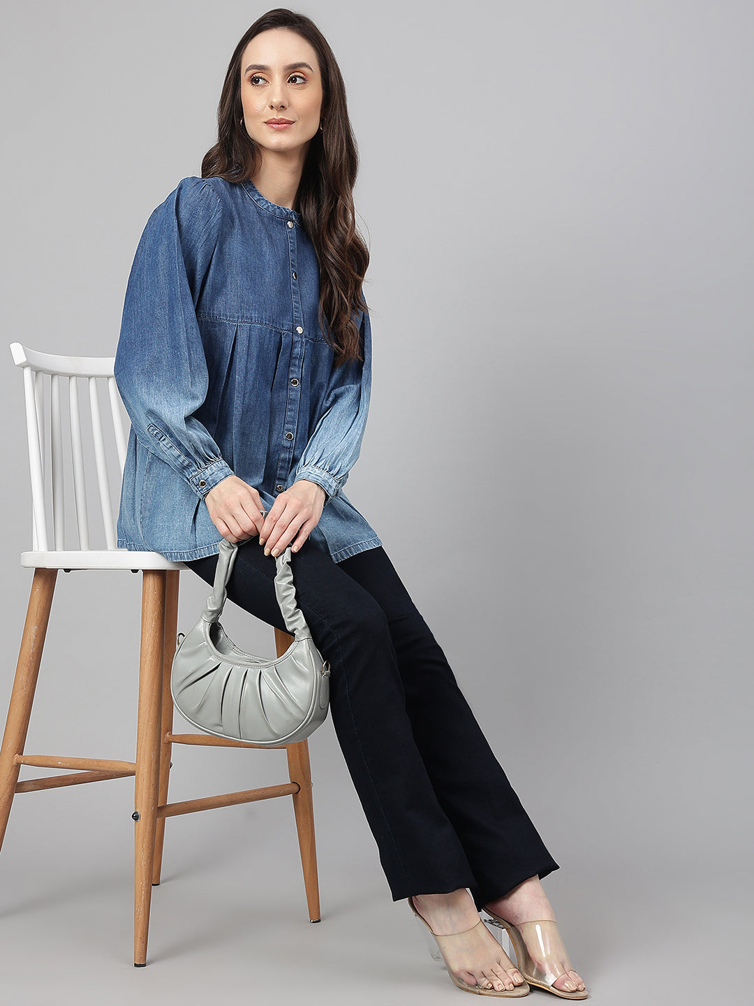 Janasya Women's Blue Denim Faded Flared Top - Distacart