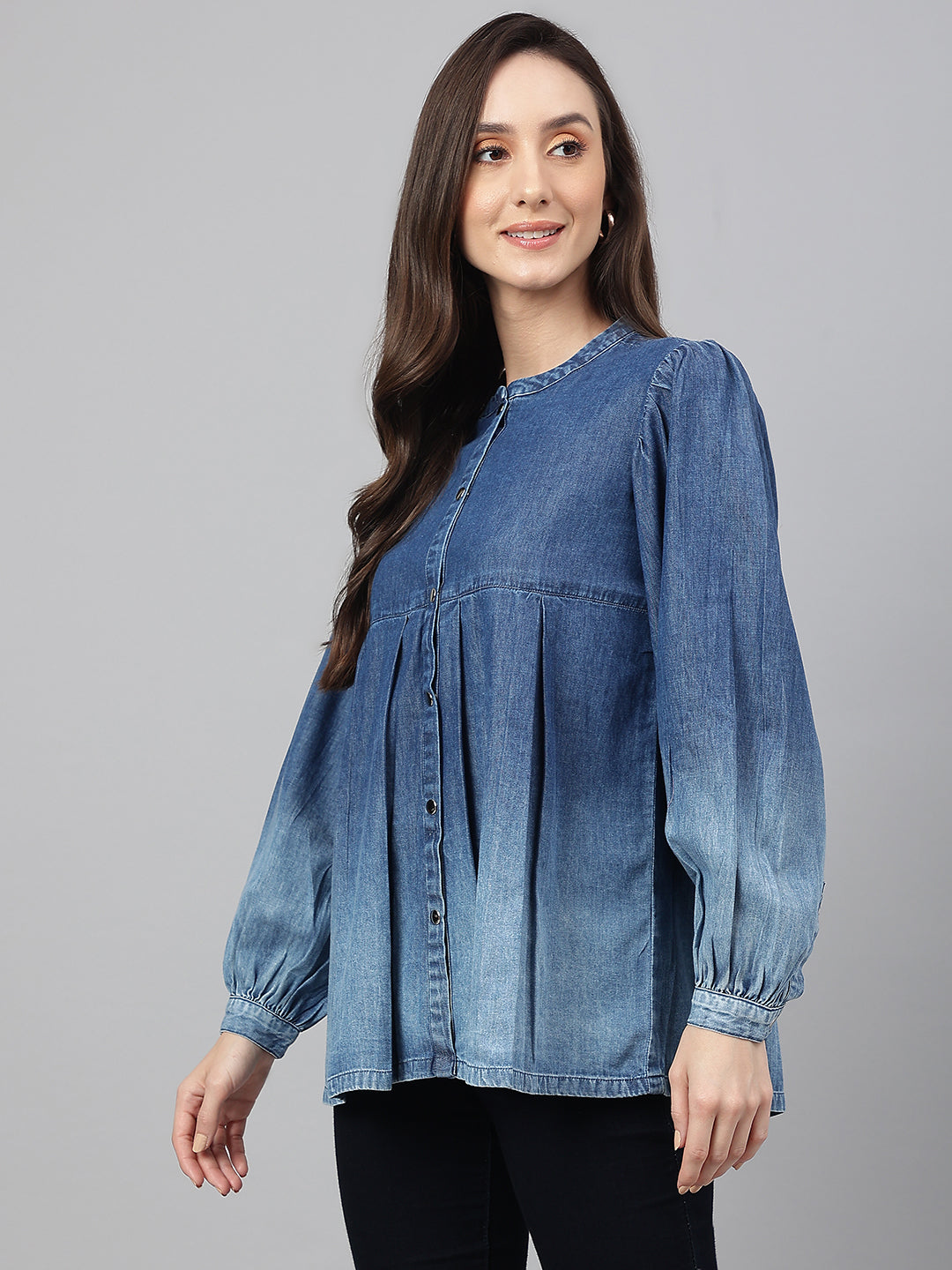 Janasya Women's Blue Denim Faded Flared Top - Distacart