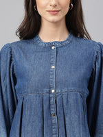 Thumbnail for Janasya Women's Blue Denim Faded Flared Top - Distacart