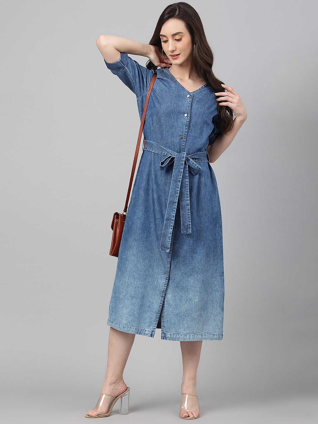 Janasya Women's Blue Denim Solid Straight Western Dress - Distacart