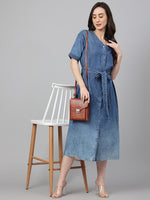 Thumbnail for Janasya Women's Blue Denim Solid Straight Western Dress - Distacart