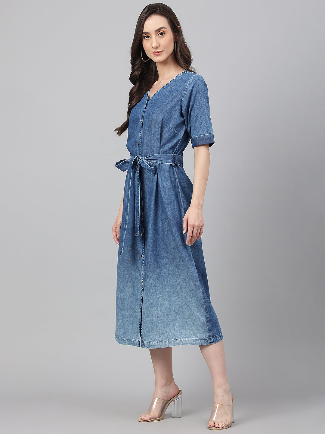 Janasya Women's Blue Denim Solid Straight Western Dress - Distacart