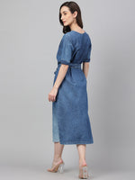 Thumbnail for Janasya Women's Blue Denim Solid Straight Western Dress - Distacart