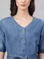Thumbnail for Janasya Women's Blue Denim Solid Straight Western Dress - Distacart