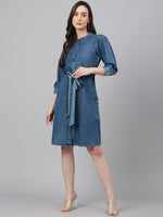 Thumbnail for Janasya Women's Blue Denim Solid Straight Western Dress - Distacart