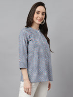 Thumbnail for Janasya Women's Blue Cotton Printed Casual Regular Top - Distacart