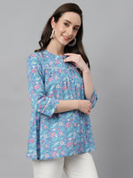 Thumbnail for Janasya Women's Blue Cotton Botanical Print Casual Empire Top - Distacart