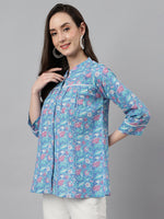 Thumbnail for Janasya Women's Blue Cotton Botanical Print Casual Empire Top - Distacart