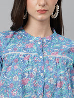 Thumbnail for Janasya Women's Blue Cotton Botanical Print Casual Empire Top - Distacart