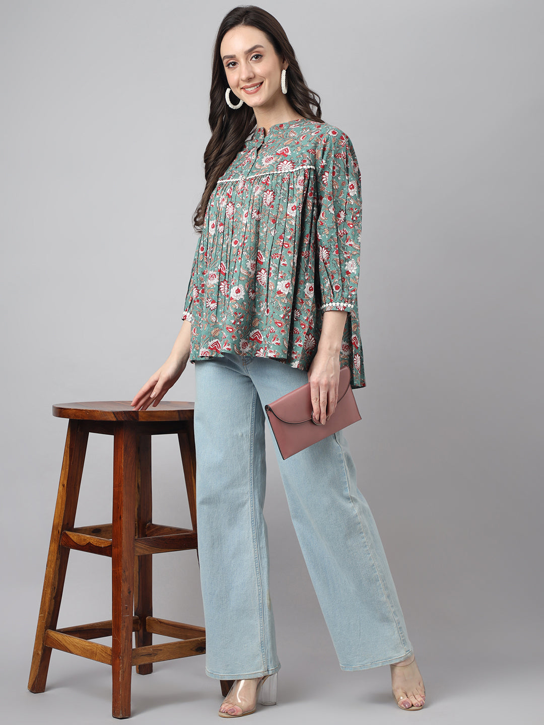 Janasya Women's Green Cotton Botanical Print Casual Empire Top - Distacart