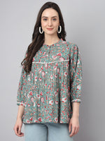 Thumbnail for Janasya Women's Green Cotton Botanical Print Casual Empire Top - Distacart