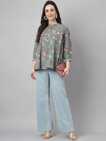 Thumbnail for Janasya Women's Green Cotton Botanical Print Casual Empire Top - Distacart