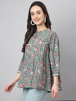 Thumbnail for Janasya Women's Green Cotton Botanical Print Casual Empire Top - Distacart