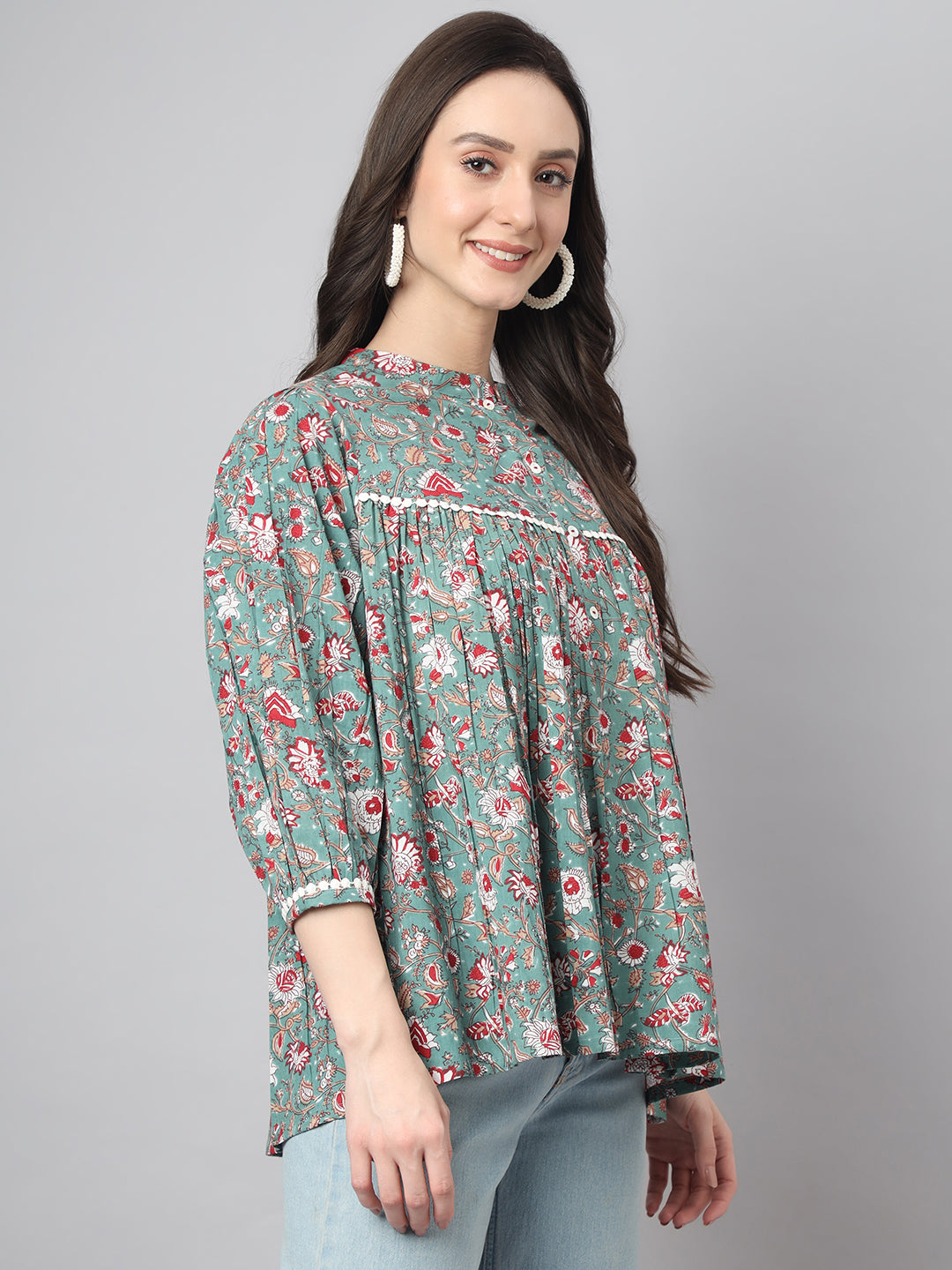 Janasya Women's Green Cotton Botanical Print Casual Empire Top - Distacart
