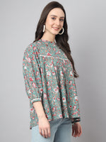 Thumbnail for Janasya Women's Green Cotton Botanical Print Casual Empire Top - Distacart