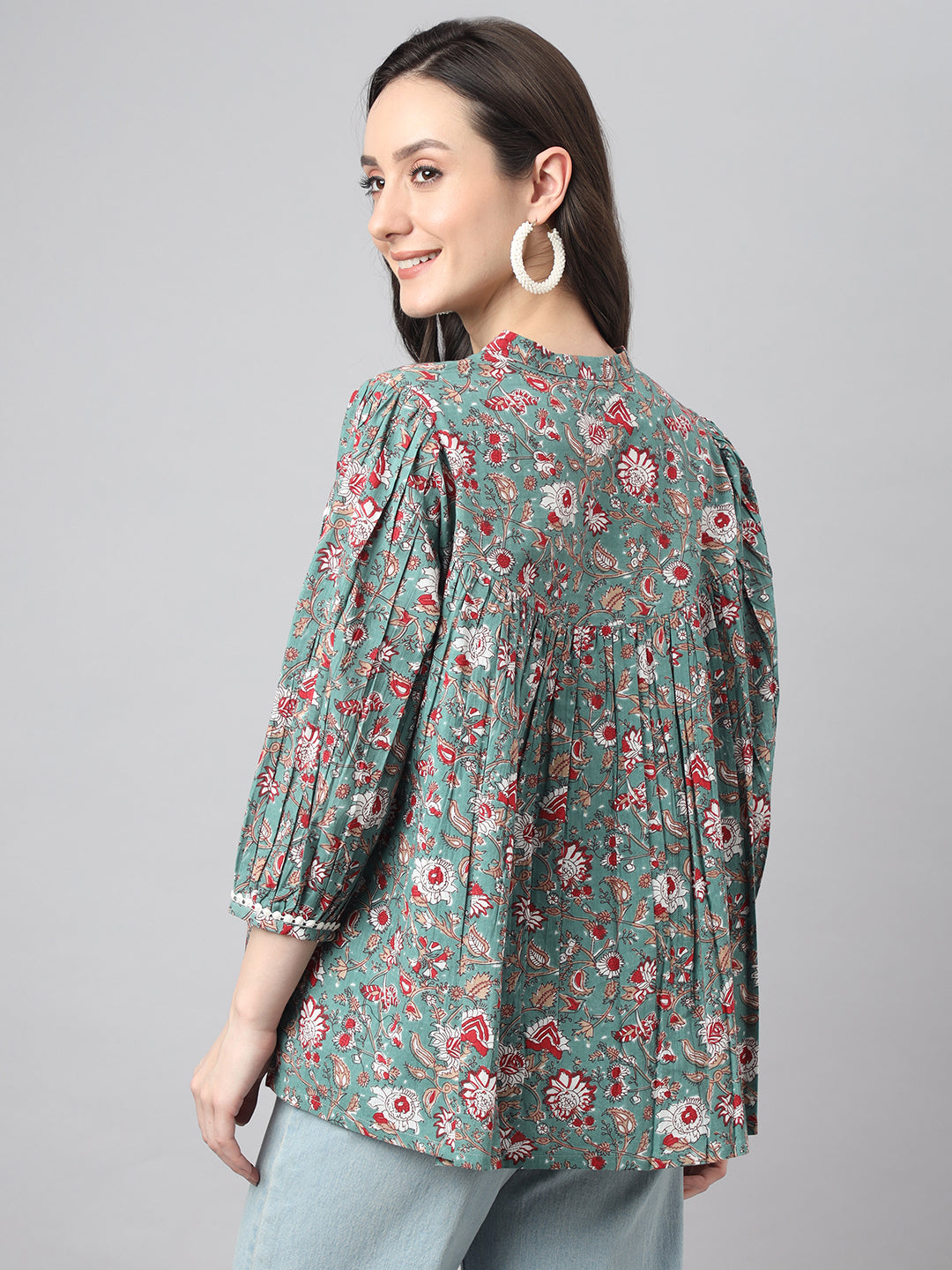 Janasya Women's Green Cotton Botanical Print Casual Empire Top - Distacart