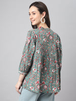 Thumbnail for Janasya Women's Green Cotton Botanical Print Casual Empire Top - Distacart