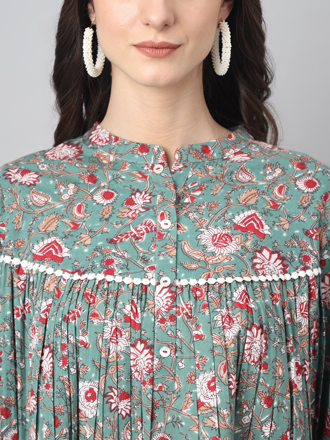 Janasya Women's Green Cotton Botanical Print Casual Empire Top - Distacart