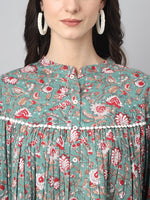 Thumbnail for Janasya Women's Green Cotton Botanical Print Casual Empire Top - Distacart