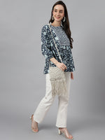 Thumbnail for Janasya Women's Navy Blue Cotton Floral Print Gathered Top - Distacart