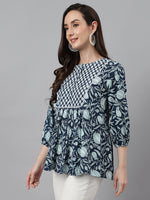 Thumbnail for Janasya Women's Navy Blue Cotton Floral Print Gathered Top - Distacart