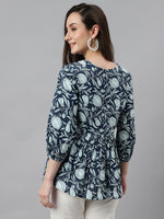 Thumbnail for Janasya Women's Navy Blue Cotton Floral Print Gathered Top - Distacart