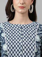 Thumbnail for Janasya Women's Navy Blue Cotton Floral Print Gathered Top - Distacart