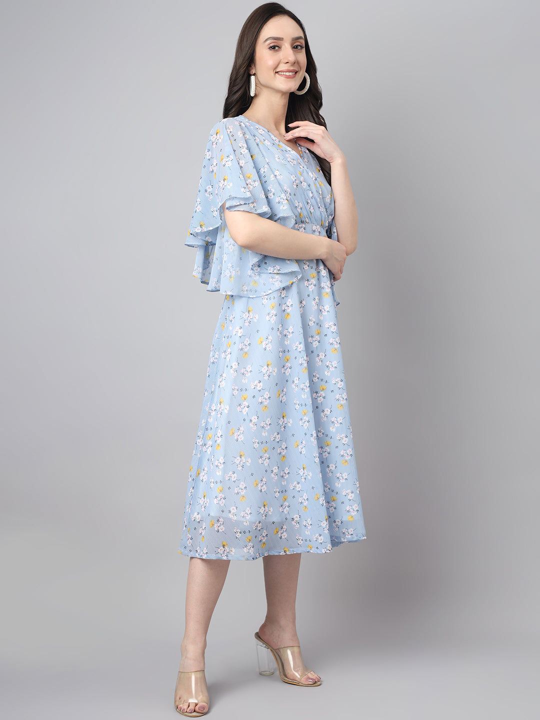 Janasya Women's Blue Georgette Floral Printed Flared Western Dress - Distacart