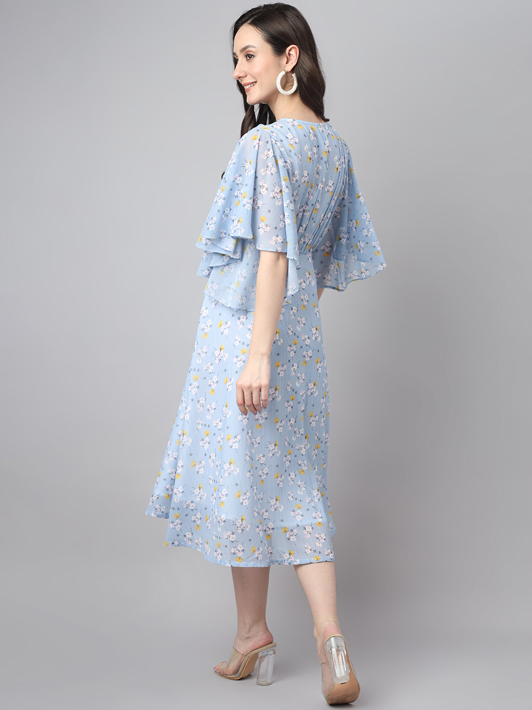 Janasya Women's Blue Georgette Floral Printed Flared Western Dress - Distacart