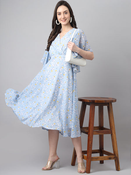 Janasya Women's Blue Georgette Floral Printed Flared Western Dress - Distacart