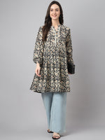 Thumbnail for Janasya Women's Black Cotton Floral Print Casual Flared Tunic - Distacart
