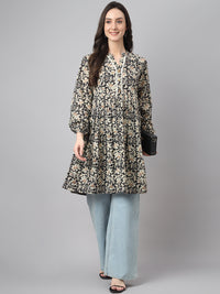 Thumbnail for Janasya Women's Black Cotton Floral Print Casual Flared Tunic - Distacart