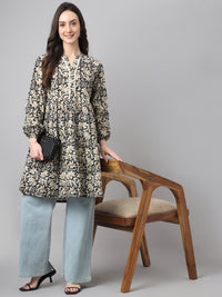 Thumbnail for Janasya Women's Black Cotton Floral Print Casual Flared Tunic - Distacart