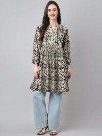 Thumbnail for Janasya Women's Black Cotton Floral Print Casual Flared Tunic - Distacart