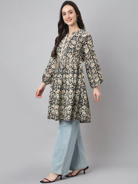 Thumbnail for Janasya Women's Black Cotton Floral Print Casual Flared Tunic - Distacart