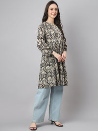 Thumbnail for Janasya Women's Black Cotton Floral Print Casual Flared Tunic - Distacart