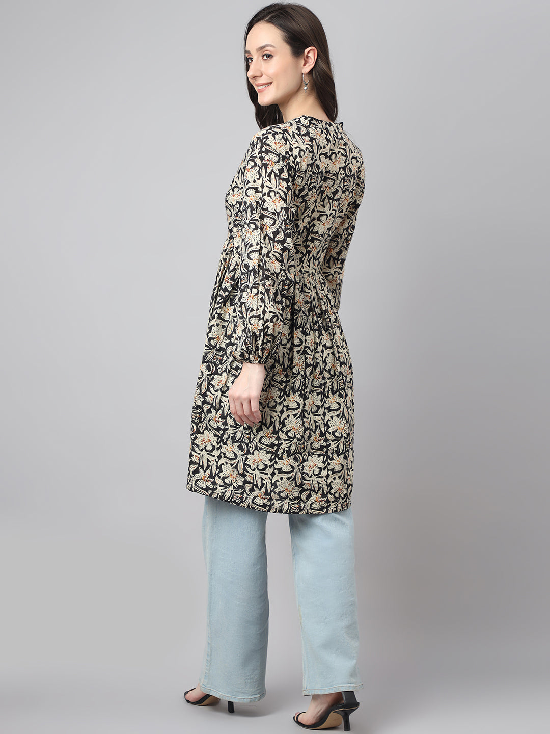 Janasya Women's Black Cotton Floral Print Casual Flared Tunic - Distacart