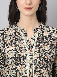 Thumbnail for Janasya Women's Black Cotton Floral Print Casual Flared Tunic - Distacart