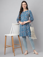 Thumbnail for Janasya Women's Blue Cotton Floral Print Casual Regular Tunic - Distacart