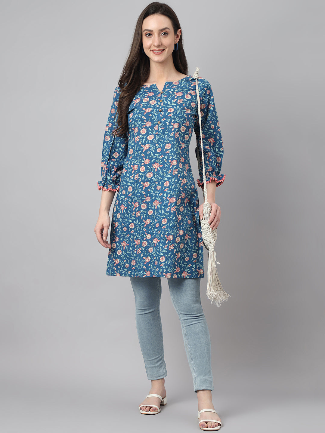 Janasya Women's Blue Cotton Floral Print Casual Regular Tunic - Distacart