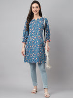 Thumbnail for Janasya Women's Blue Cotton Floral Print Casual Regular Tunic - Distacart