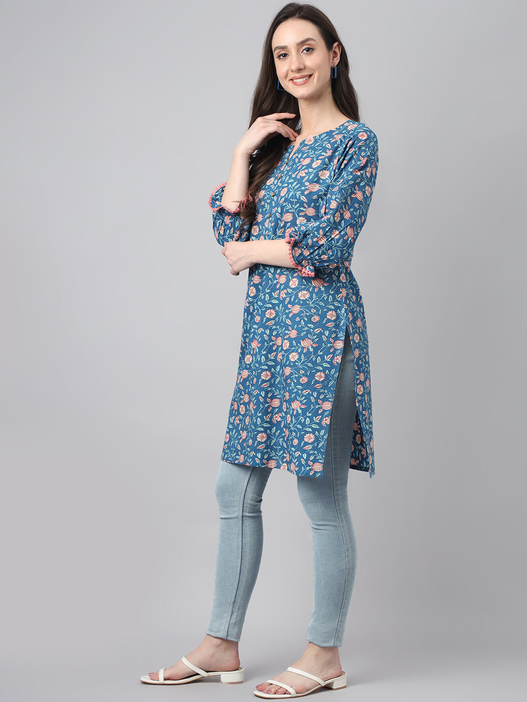 Janasya Women's Blue Cotton Floral Print Casual Regular Tunic - Distacart