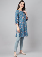 Thumbnail for Janasya Women's Blue Cotton Floral Print Casual Regular Tunic - Distacart