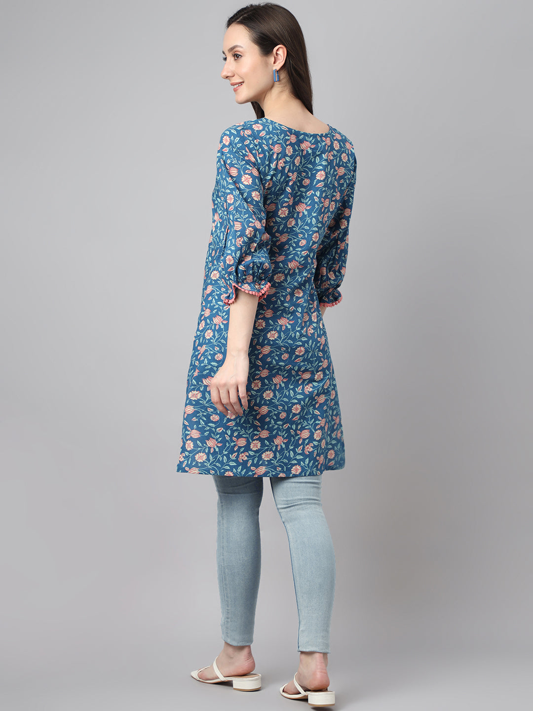 Janasya Women's Blue Cotton Floral Print Casual Regular Tunic - Distacart