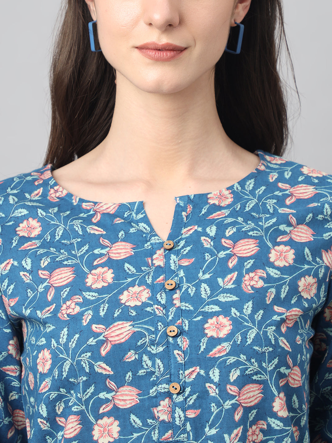 Janasya Women's Blue Cotton Floral Print Casual Regular Tunic - Distacart