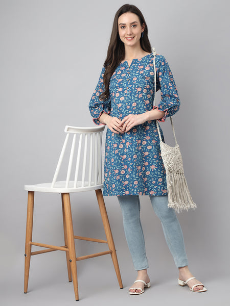 Janasya Women's Blue Cotton Floral Print Casual Regular Tunic - Distacart