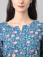 Thumbnail for Janasya Women's Blue Cotton Floral Print Casual Regular Tunic - Distacart