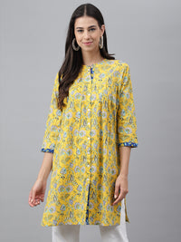Thumbnail for Janasya Women's Yellow Cotton Floral Print Casual Empire Tunic - Distacart