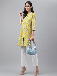 Thumbnail for Janasya Women's Yellow Cotton Floral Print Casual Empire Tunic - Distacart